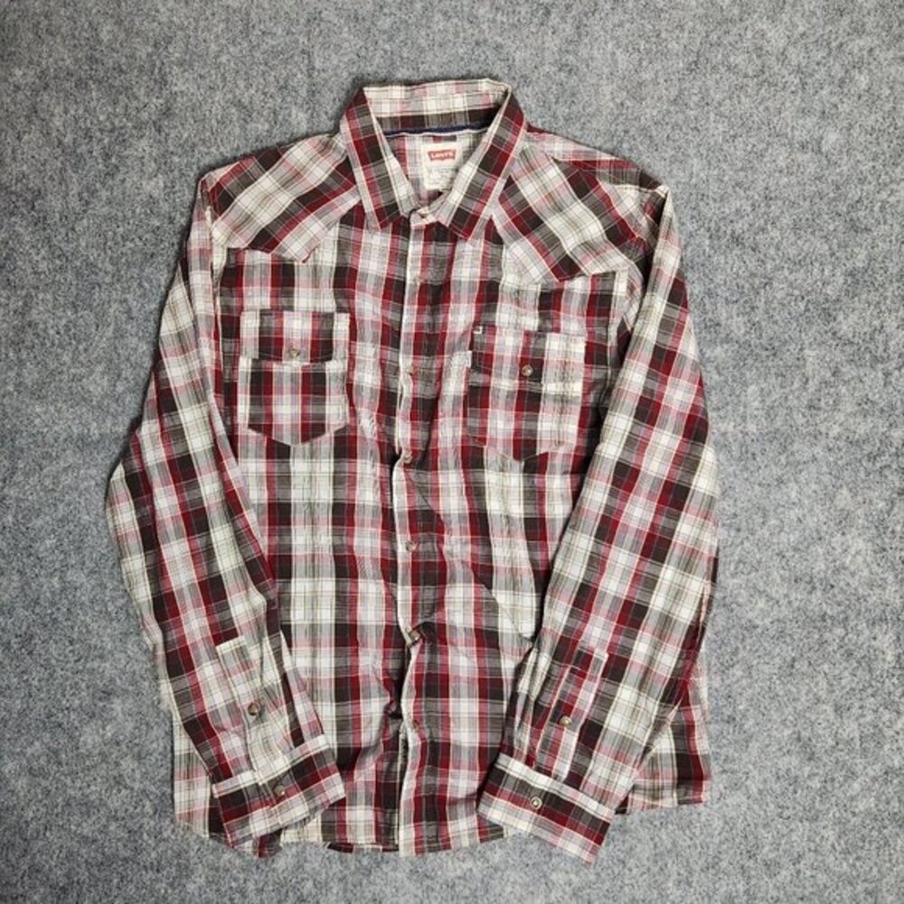 Lucky‎ Brand Western Pearl Snap Shirt Men XL Red White Plaid Pockets Long Sleeve